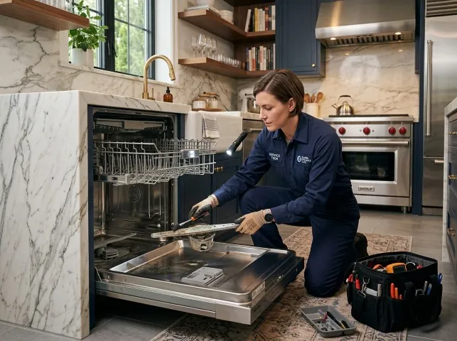 Appliance Repair Hero technician servicing a built-in dishwasher in a Bridgewater, MA kitchen