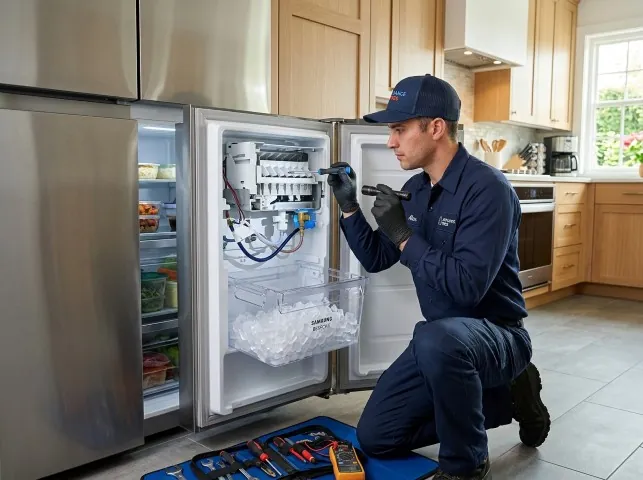 Appliance Repair Hero technician repairing a refrigerator ice maker in Bridgewater, MA