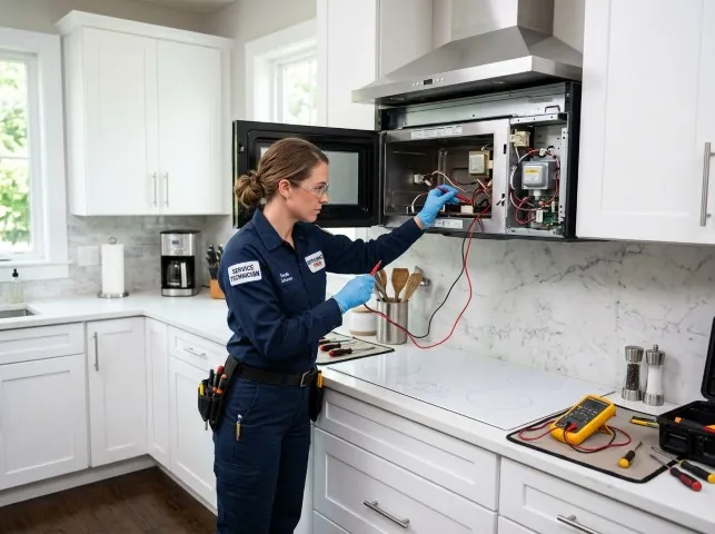 Appliance Repair Hero technician testing an over-the-range microwave in a Bridgewater, MA kitchen
