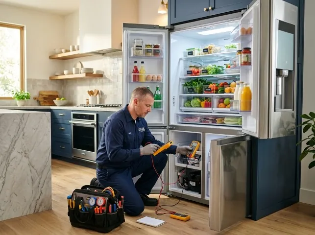 Appliance Repair Hero refrigerator technician testing a fridge on a Bridgewater, MA service call